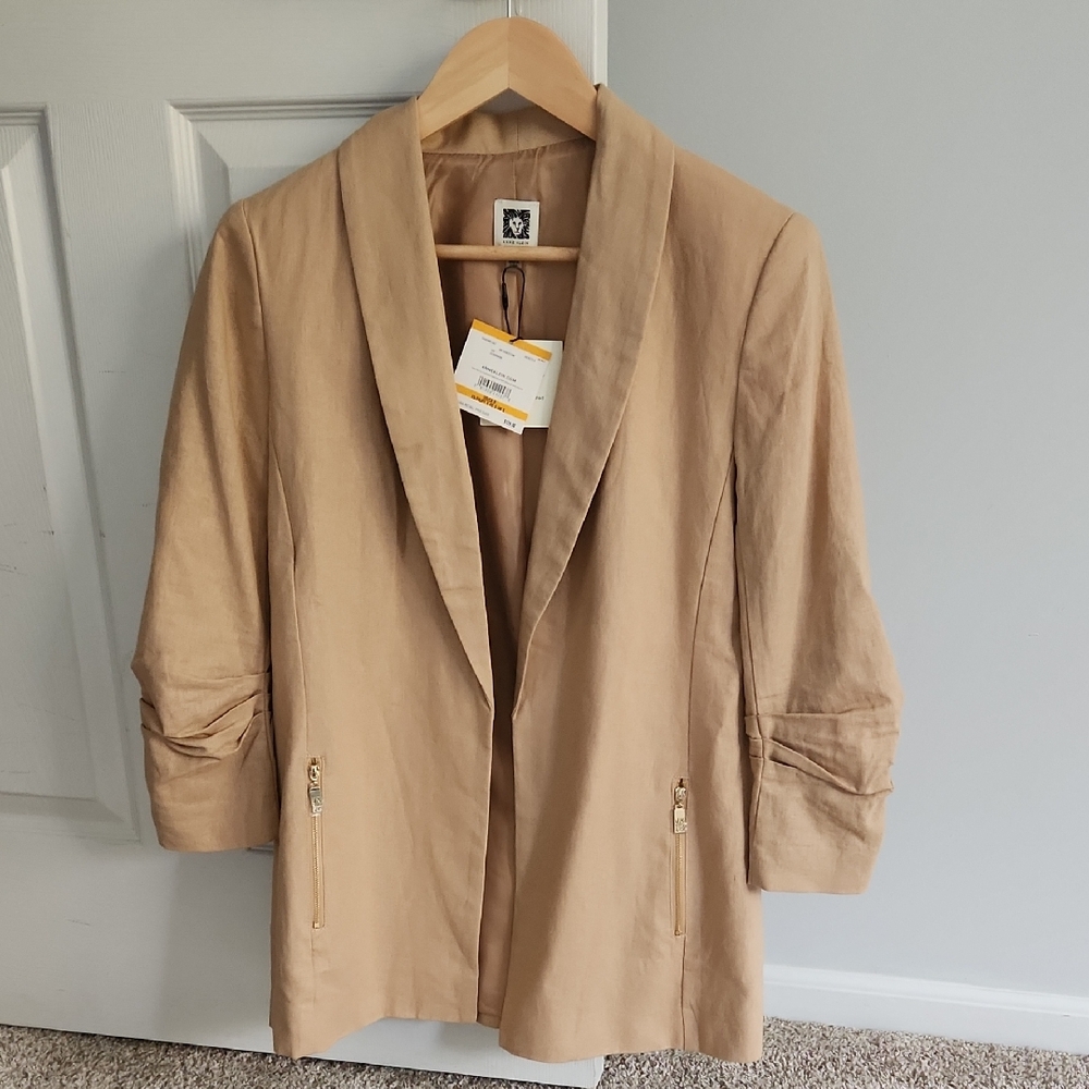 Anne Klein Camel Blazer with Zipper Pockets